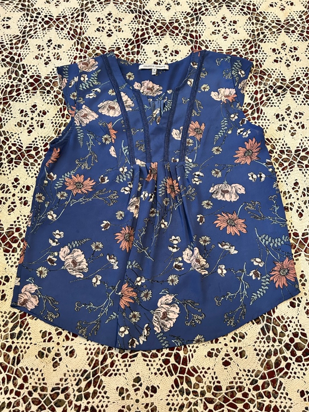Blue Floral Cap Sleeved V-Neck Women's Top
